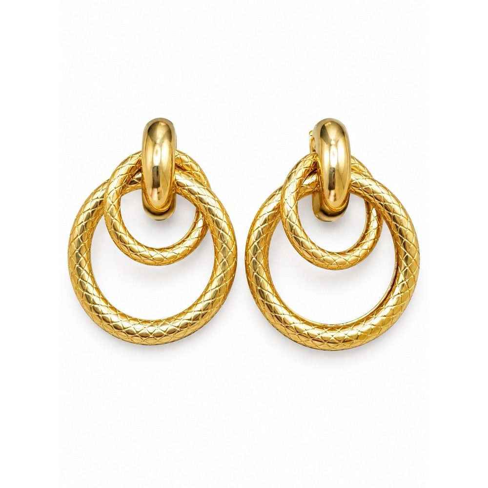 Gold Tone Double Circle Drop Earrings Textured Rings Statement Jewelry NWOT